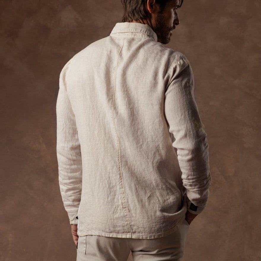 male modeling linen shirt in white stone