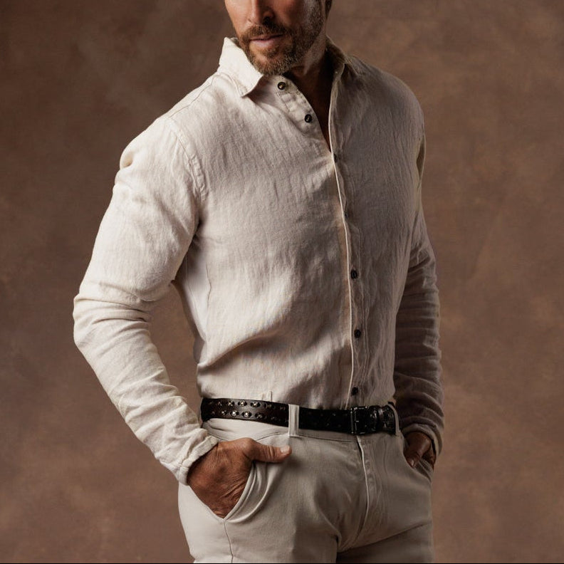 male modeling linen shirt in white stone