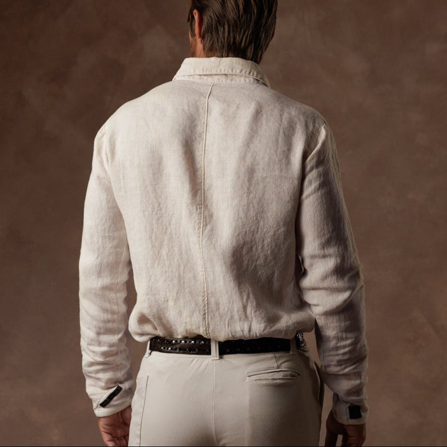 male modeling linen shirt in white stone