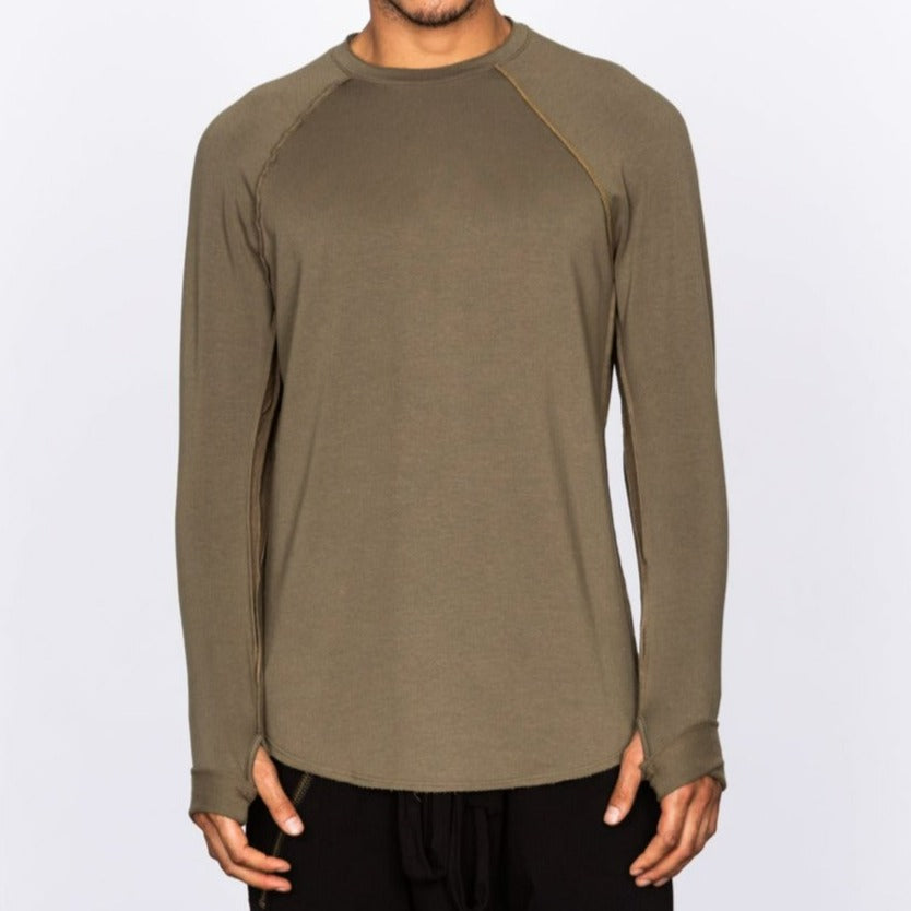Male modeling tan long sleeve raglan
