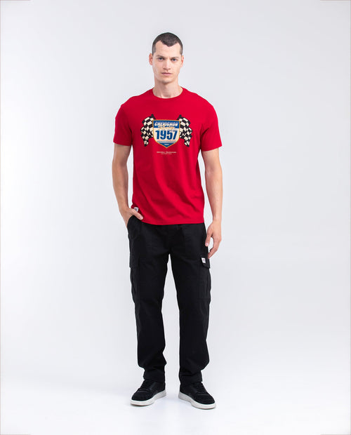 Men's Slim Fit Racing T-Shirt Racing Flags Graphic Red Shoulder Details 100% Cotton - 2