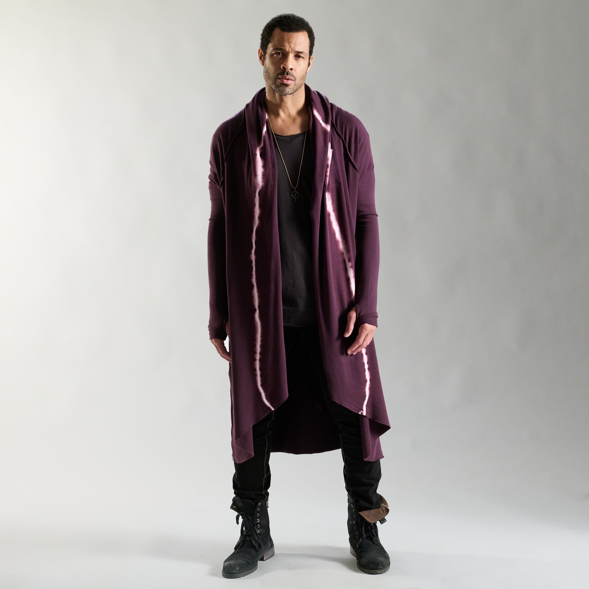 male modeling purple bolt duster