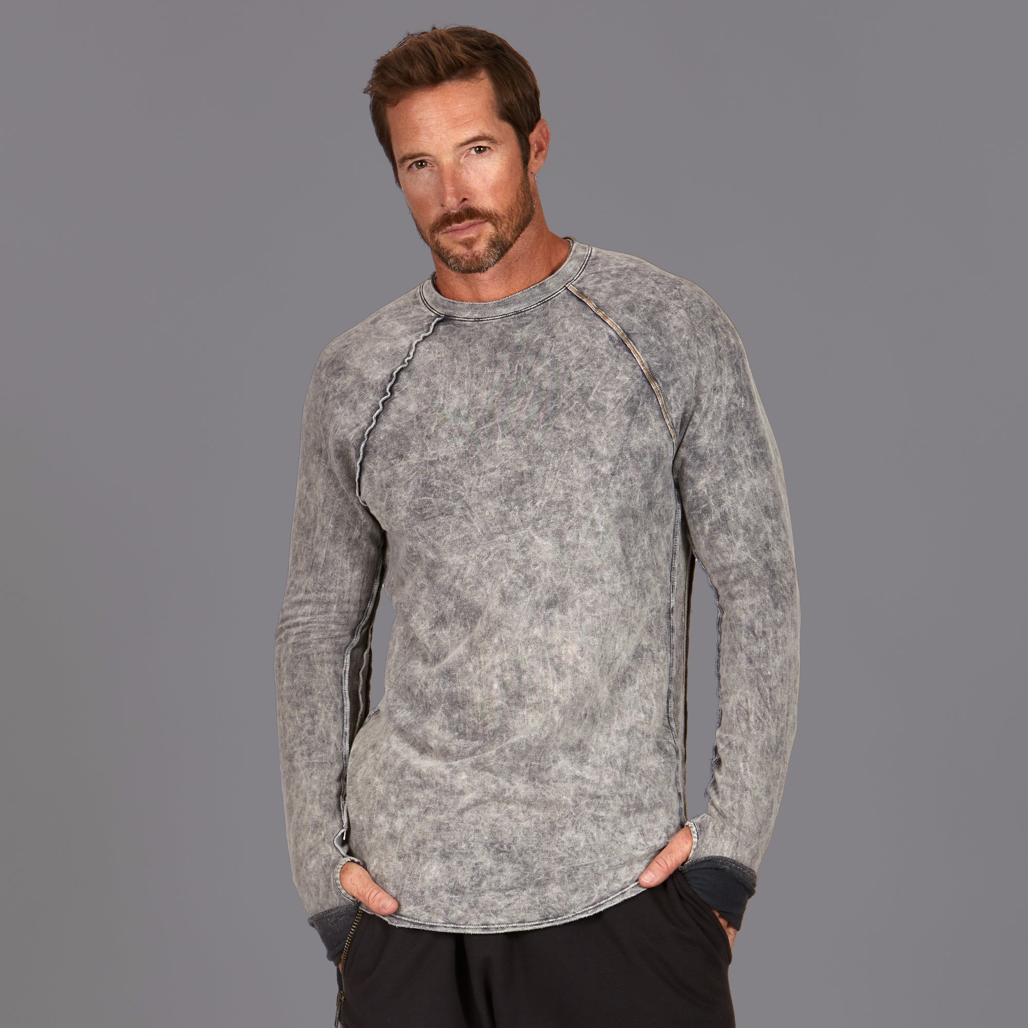 Male modeling mineral wash long sleeve raglan