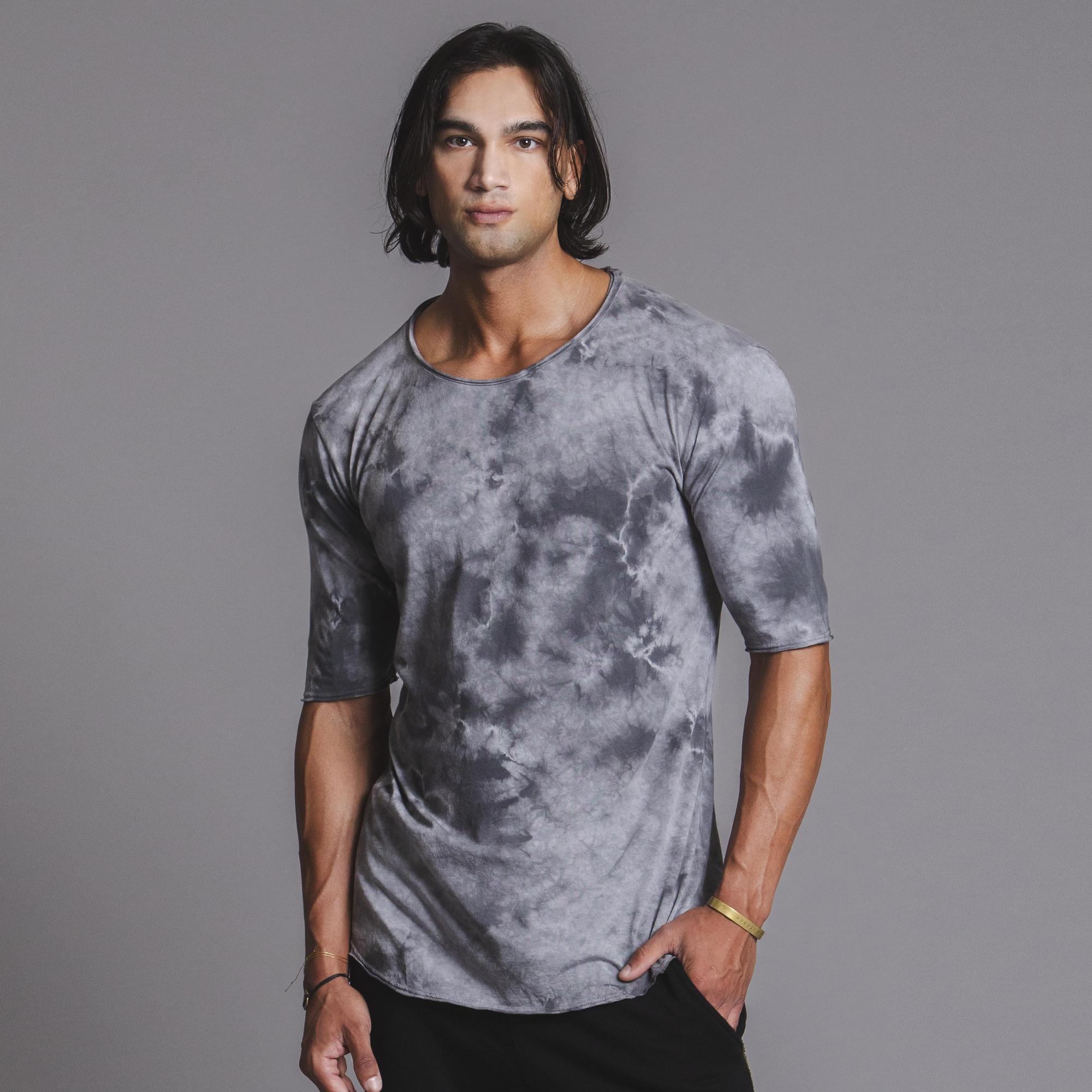 Male modeling mineral wash crew neck shirt