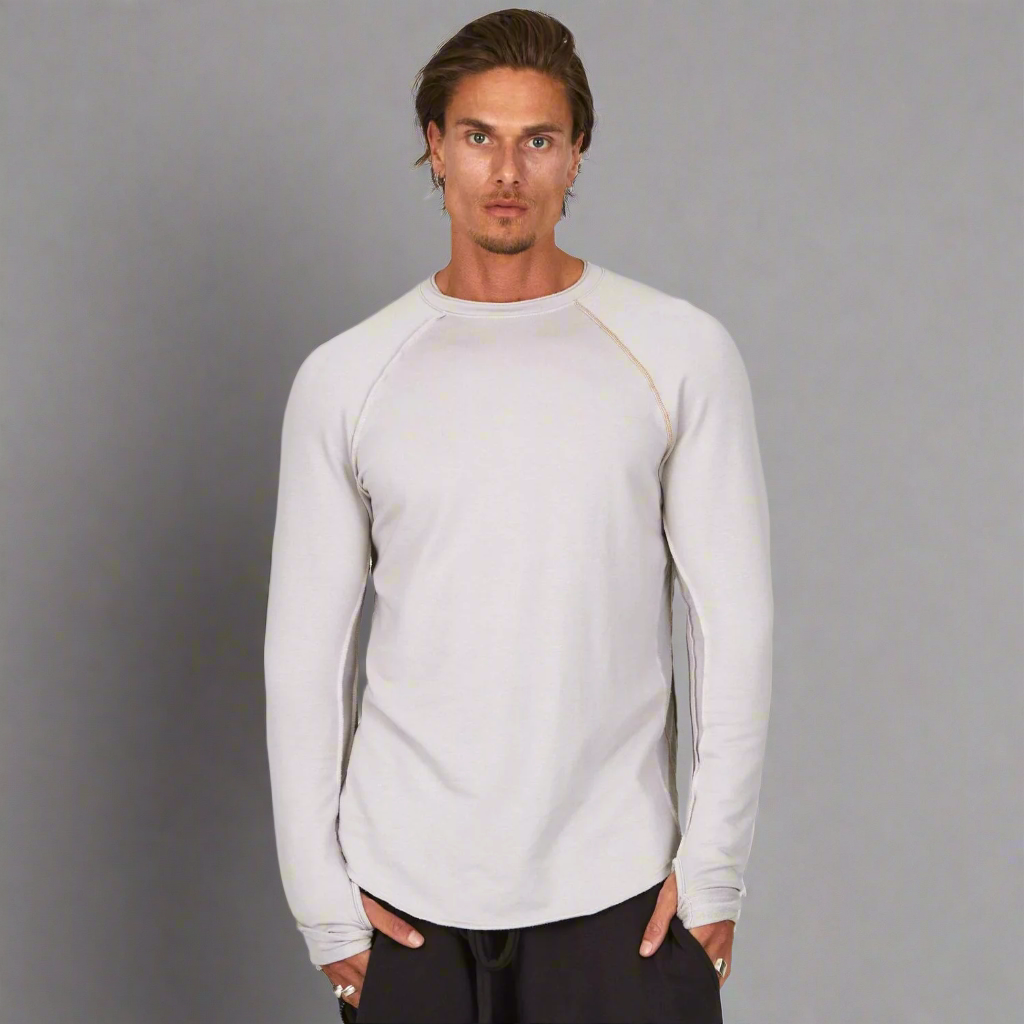 Male modeling silver long sleeve raglan