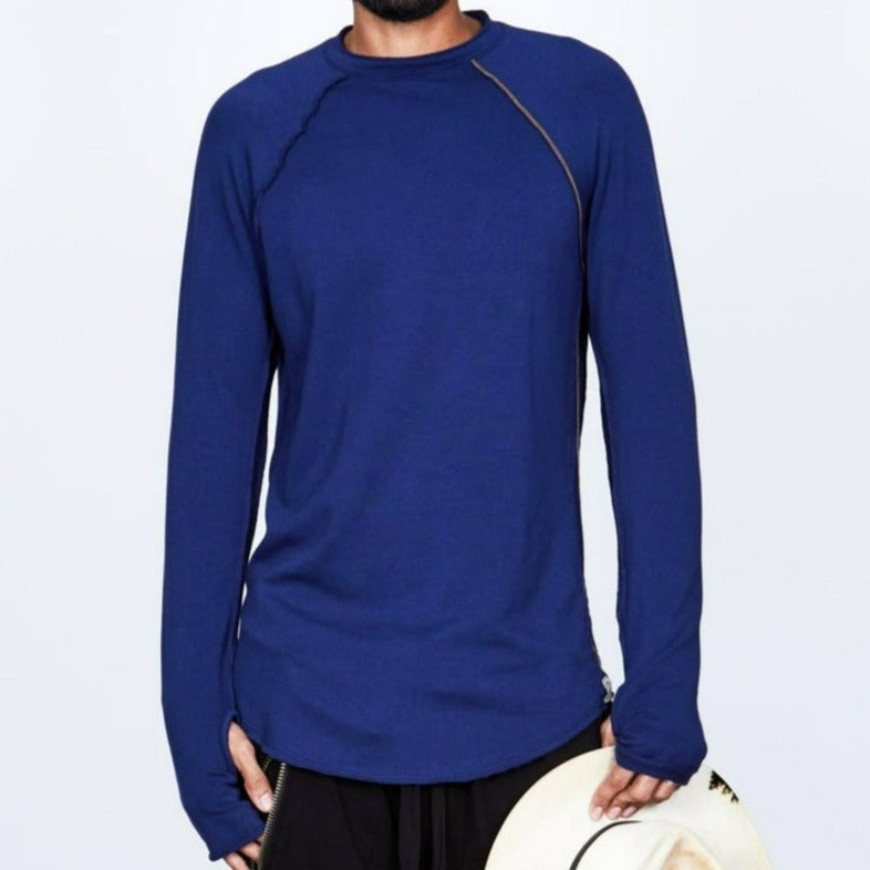 Male modeling dark blue long sleeve raglan