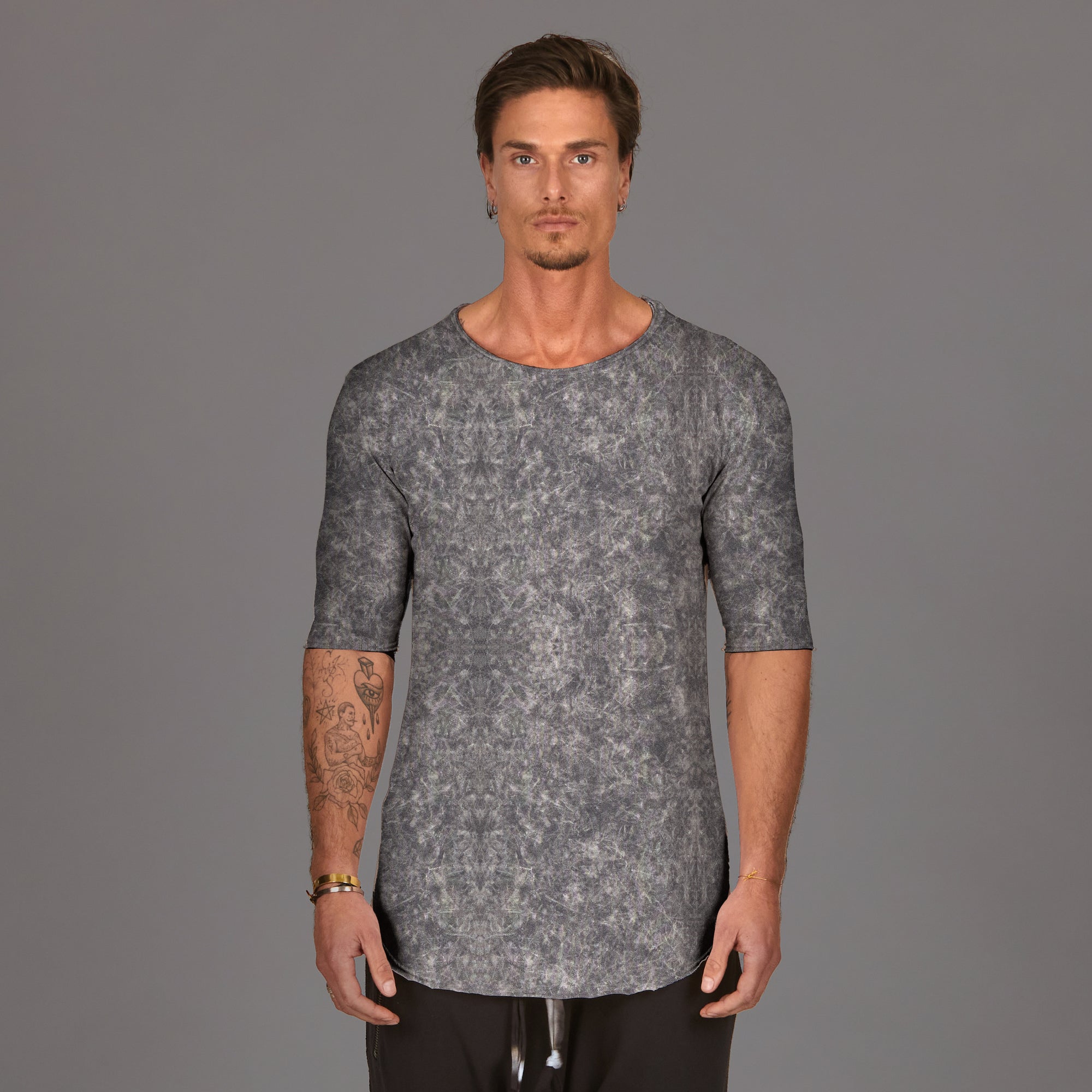 Male modeling grey mineral crew neck shirt