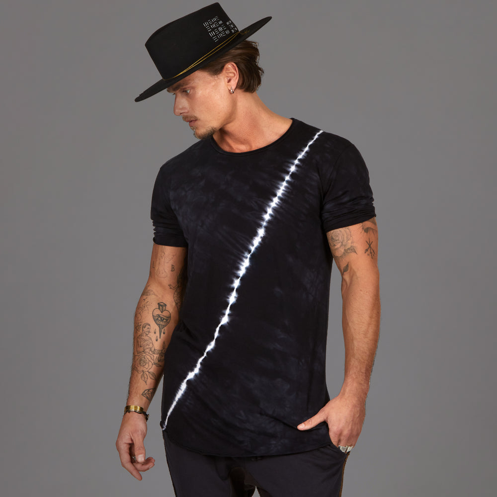 Male modeling light bolt crew neck shirt