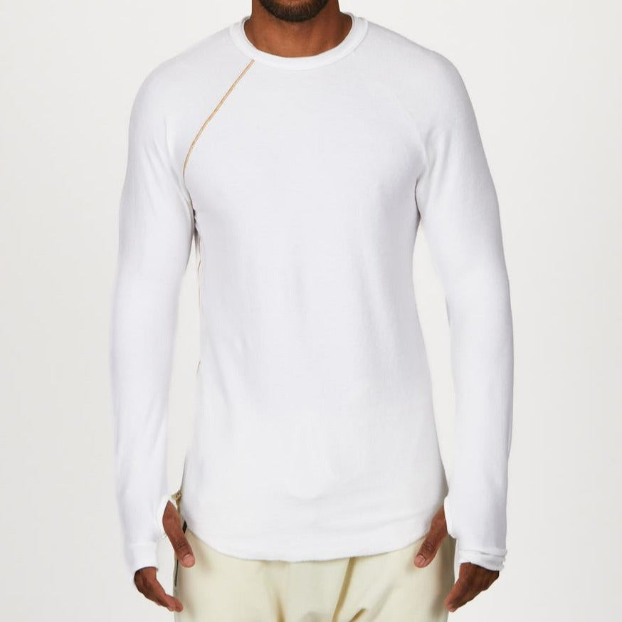 Male modeling white long sleeve raglan
