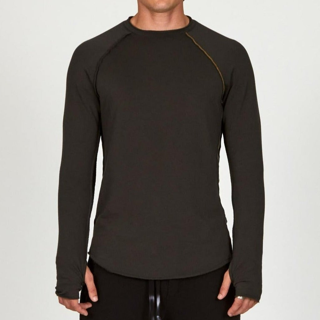 Male modeling dark long sleeve raglan