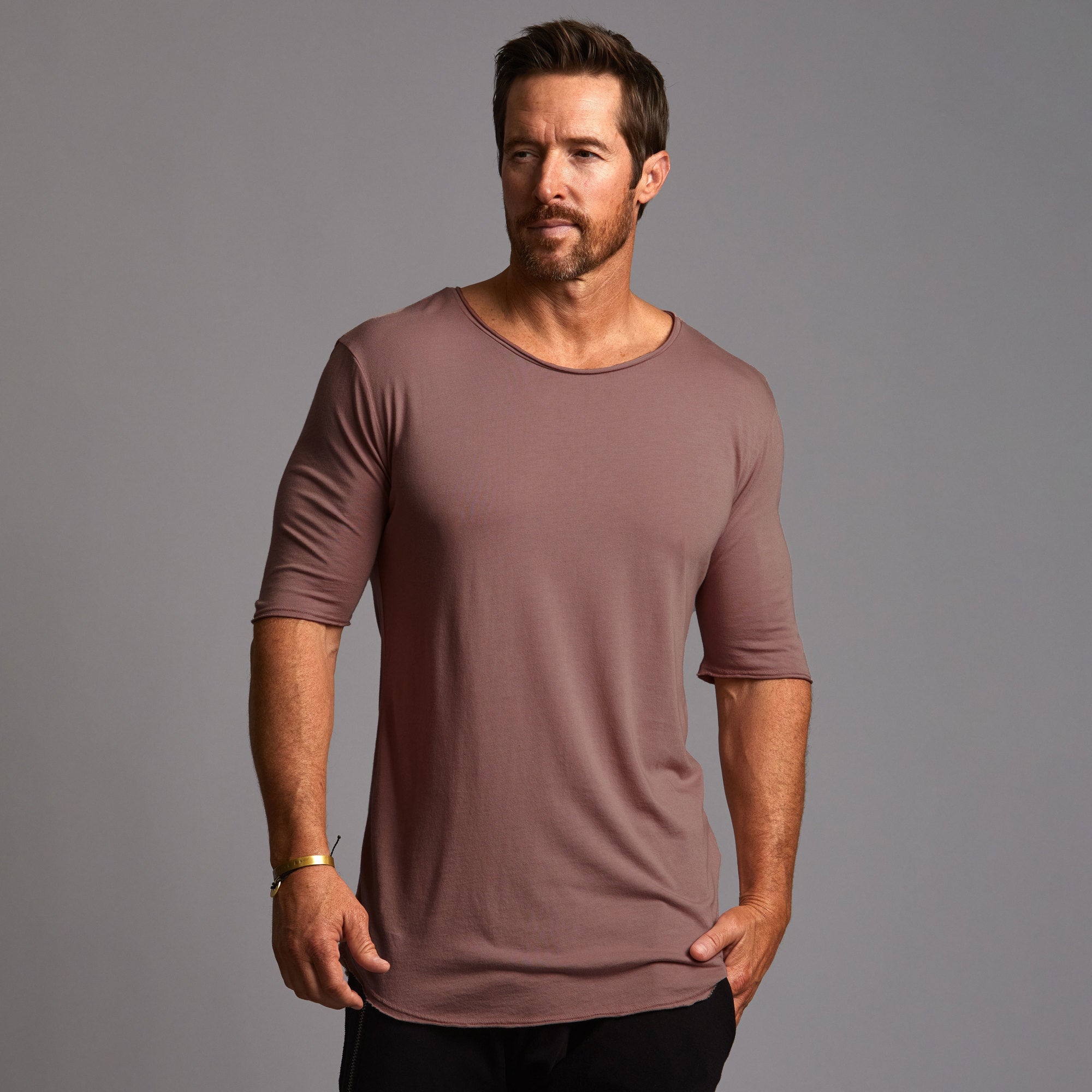 male modeling tree shirt in leather