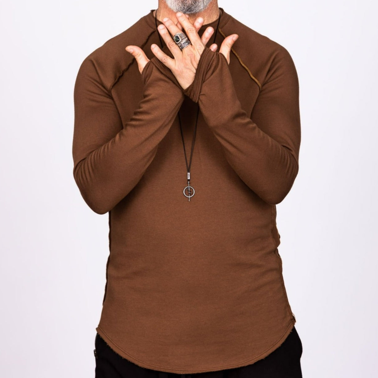 Male modeling brown long sleeve raglan
